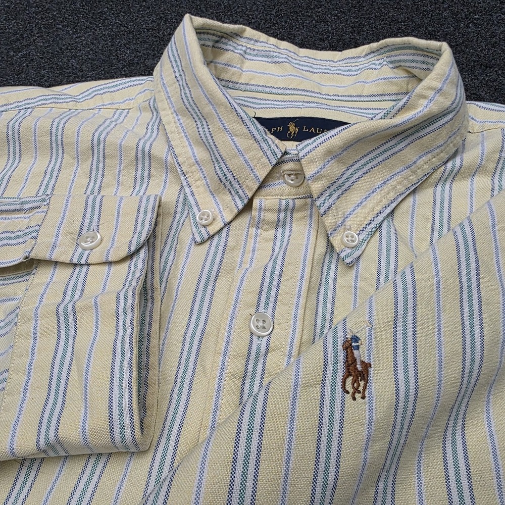 Ralph Lauren Mens XXL Yellow Blue Striped Button Down Shirt‎ Flesh Pony